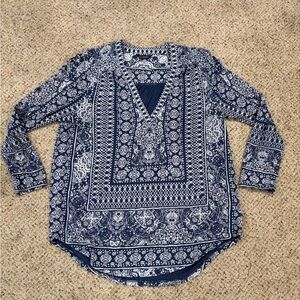Lucky Brand Blue and gray bohemian Patterned Blouse 3/4 sleeve